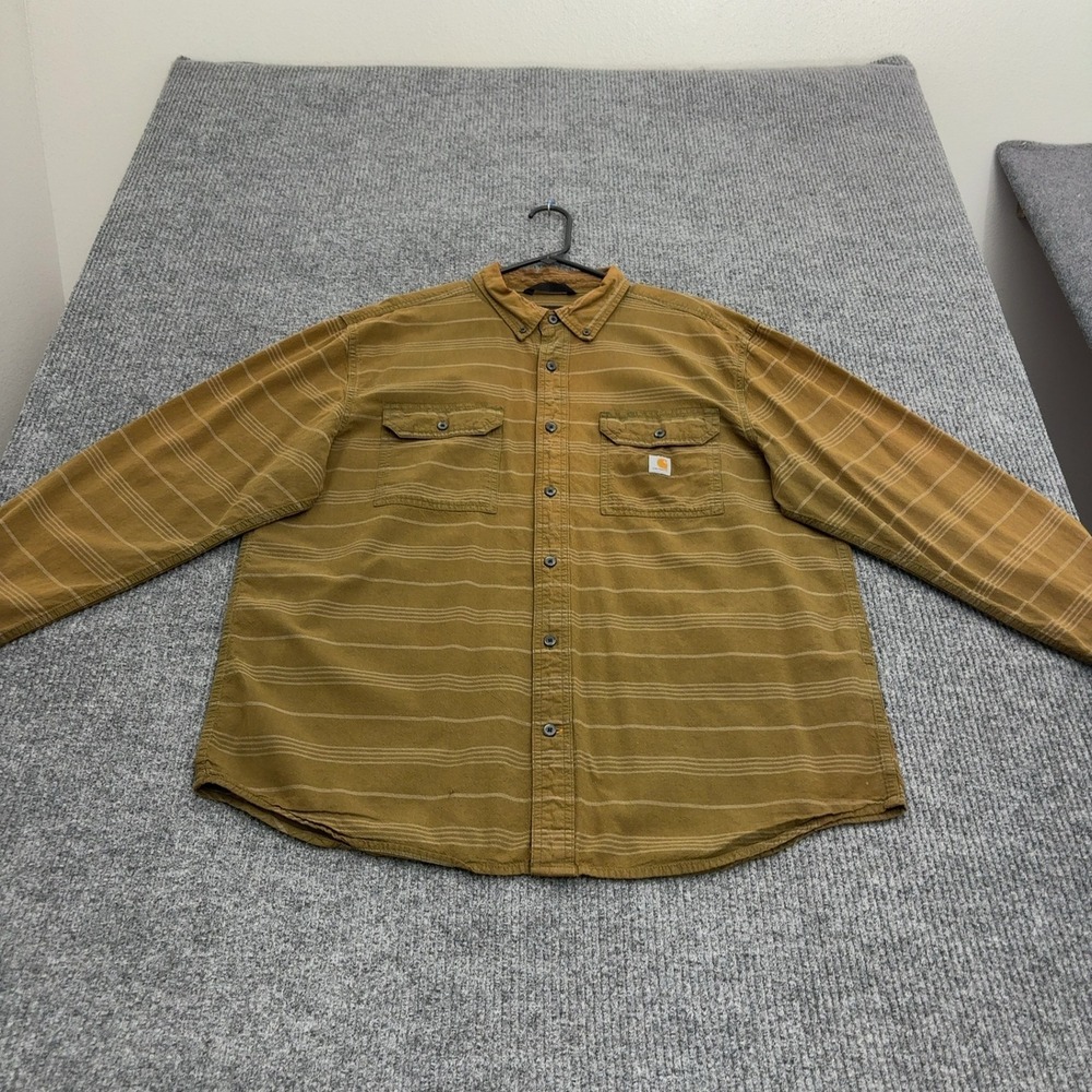 Carhartt Button Down Shirt Mens XL Brown Cotton Striped TW4447-M Workwear Style